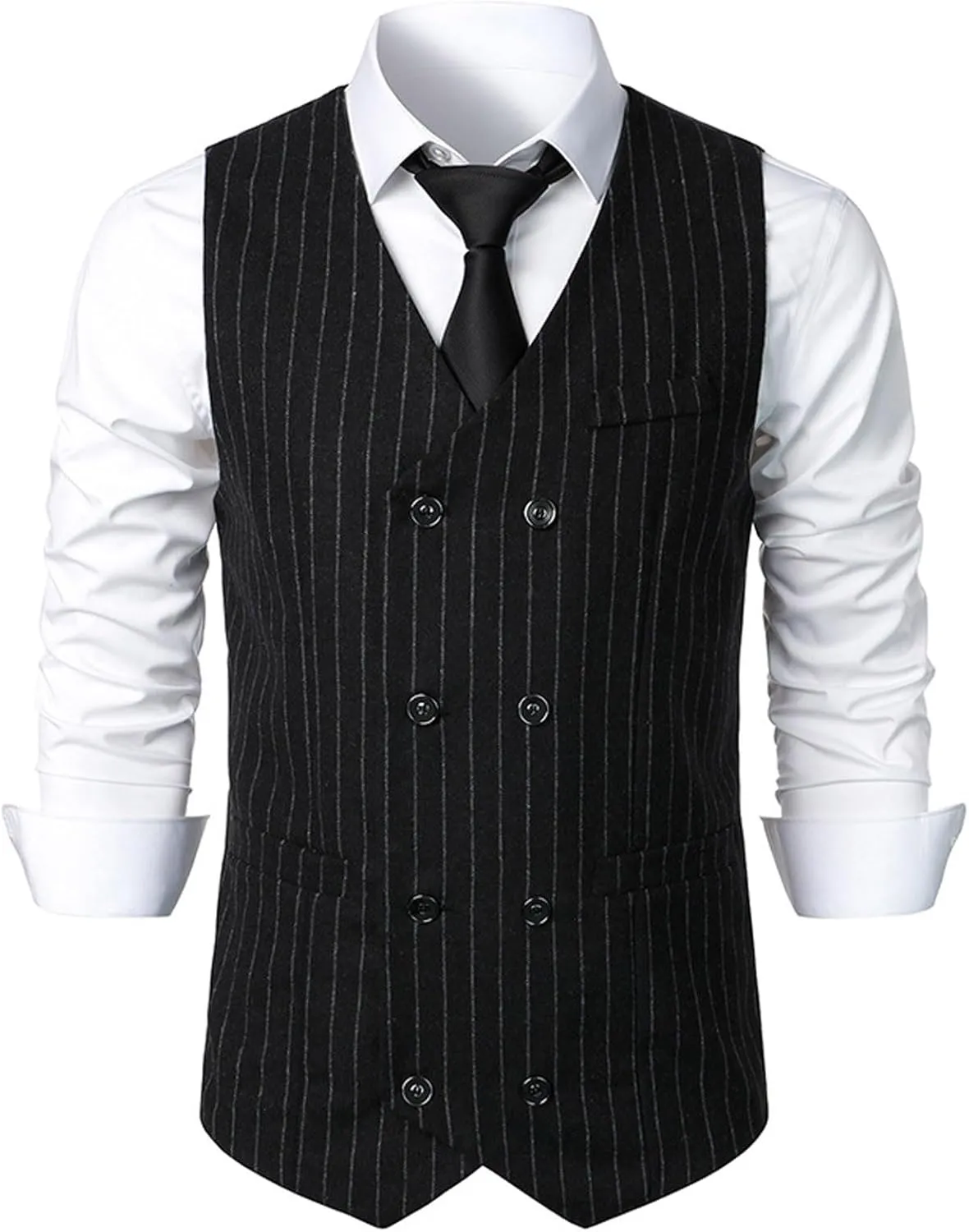 Mens Pinstripe Business Suit Vest Slim Fit Formal Dress Tuxedo Waistcoat Double-Breasted Stripes Wedding Dress Vest