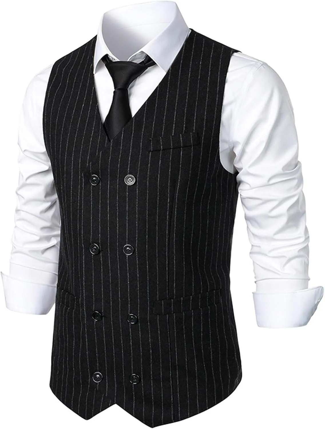 Mens Pinstripe Business Suit Vest Slim Fit Formal Dress Tuxedo Waistcoat Double-Breasted Stripes Wedding Dress Vest