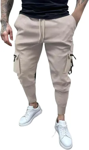 Mens Tapered Cargo Pants Casual Elastic Waist Drawstring Joggers Sweatpants Casual Slim Fit Hiking Pants with Pockets