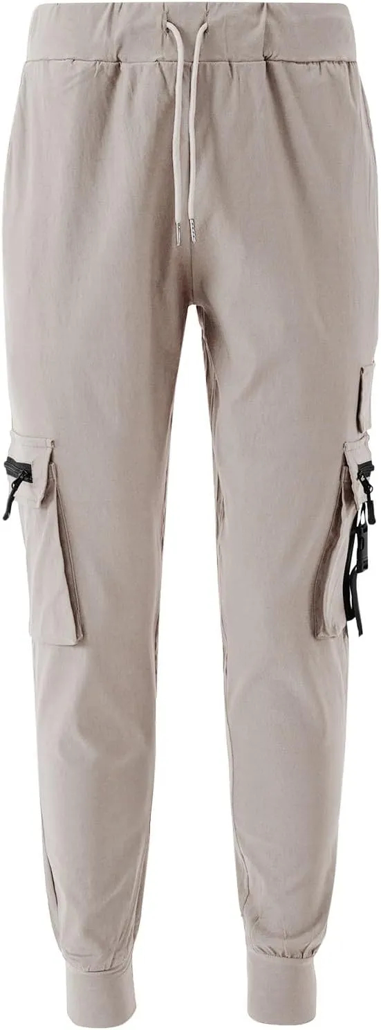 Mens Tapered Cargo Pants Casual Elastic Waist Drawstring Joggers Sweatpants Casual Slim Fit Hiking Pants with Pockets