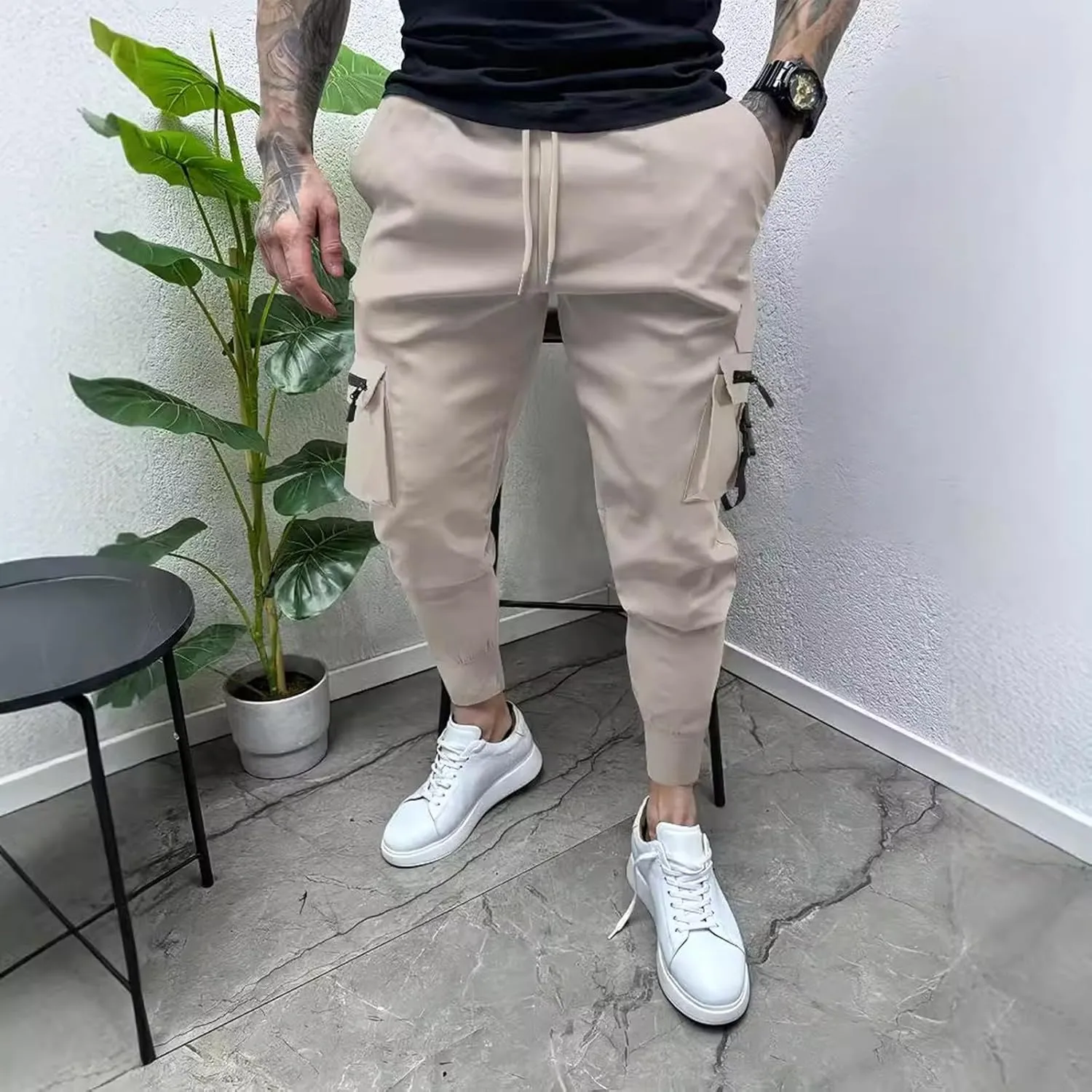 Mens Tapered Cargo Pants Casual Elastic Waist Drawstring Joggers Sweatpants Casual Slim Fit Hiking Pants with Pockets