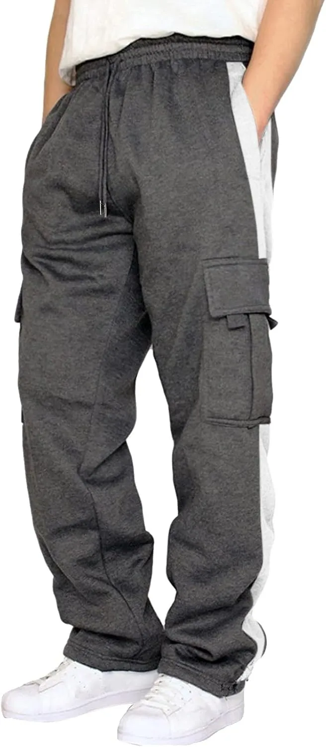 Men's Wide Leg Pants Cotton Wool Cargo Pants Lace up Elastic Waist Jogger Sport Casual Sweatpant Full Length Trouser