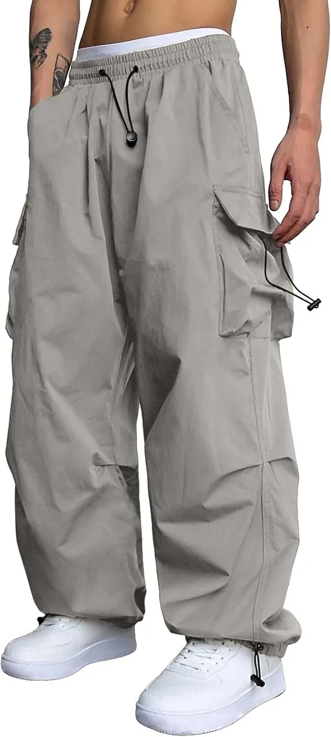 Mens Work Cargo Pant Cotton Stretchy Casual Joggers Drawstring Elastic Waist Outdoor Pants Multi Pockets