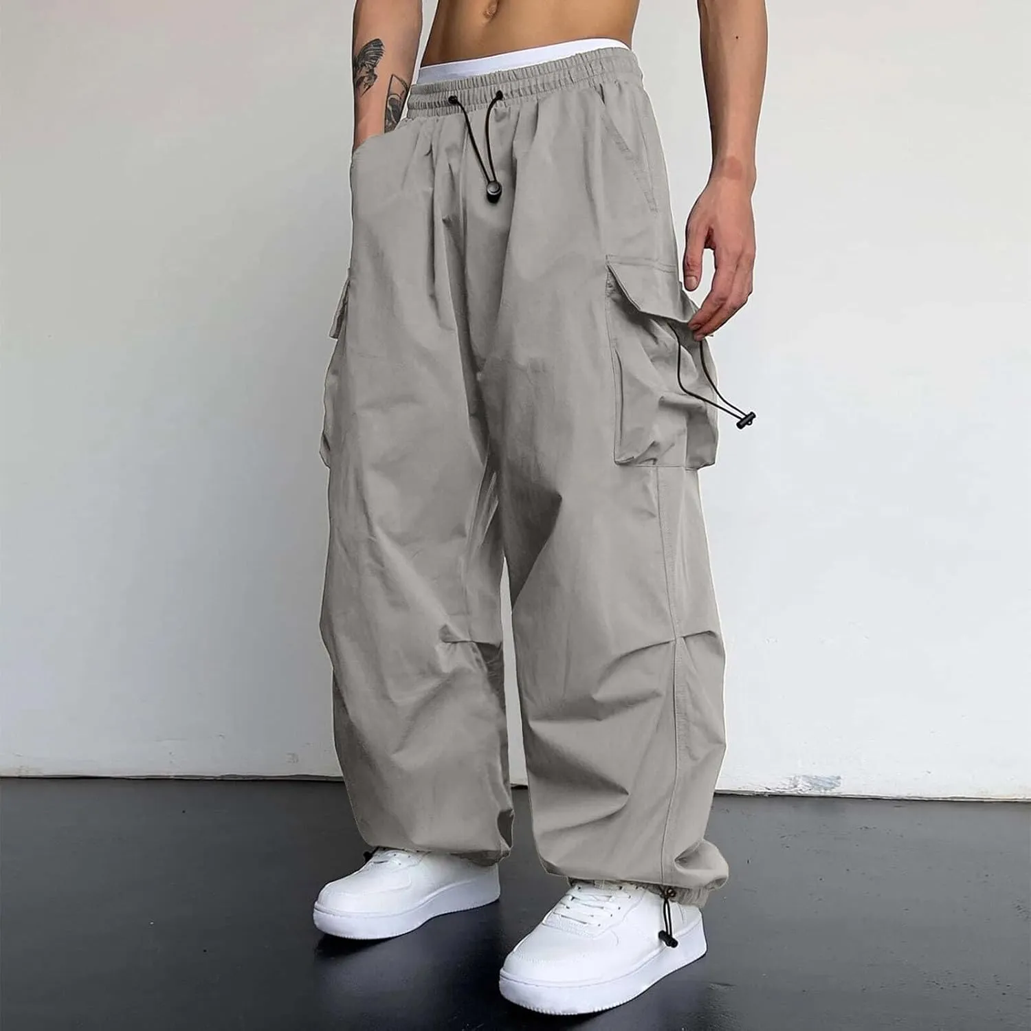 Mens Work Cargo Pant Cotton Stretchy Casual Joggers Drawstring Elastic Waist Outdoor Pants Multi Pockets