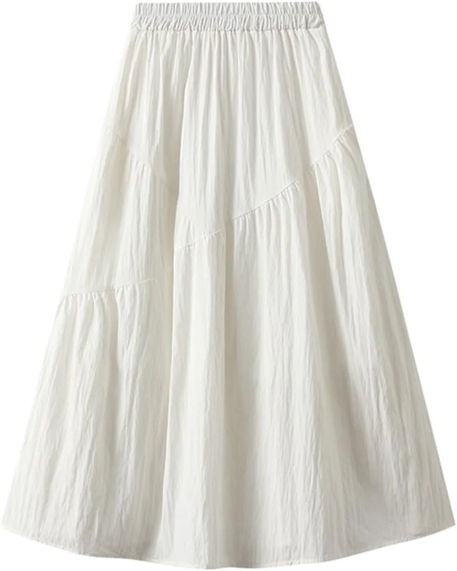 Midi Skirts for Women High Waist Elastic Pleated Casual Long Skirt 2024 Summer Solid Color Loose Flowy A-line Skirts