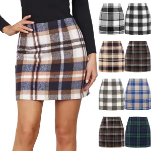 Mini Plaid Skirts for Women Trendy High Waisted Bodycon Wool Pencil Skirt Stretchy Wrap Skirt Lightweight Tweed Skirt