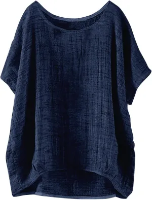Miyaomn Women's Casual Linen Shirts Oversized Short Sleeve Crewneck Loose Fit Tees Blouse Summer Lightweight Solid Tunic Tops