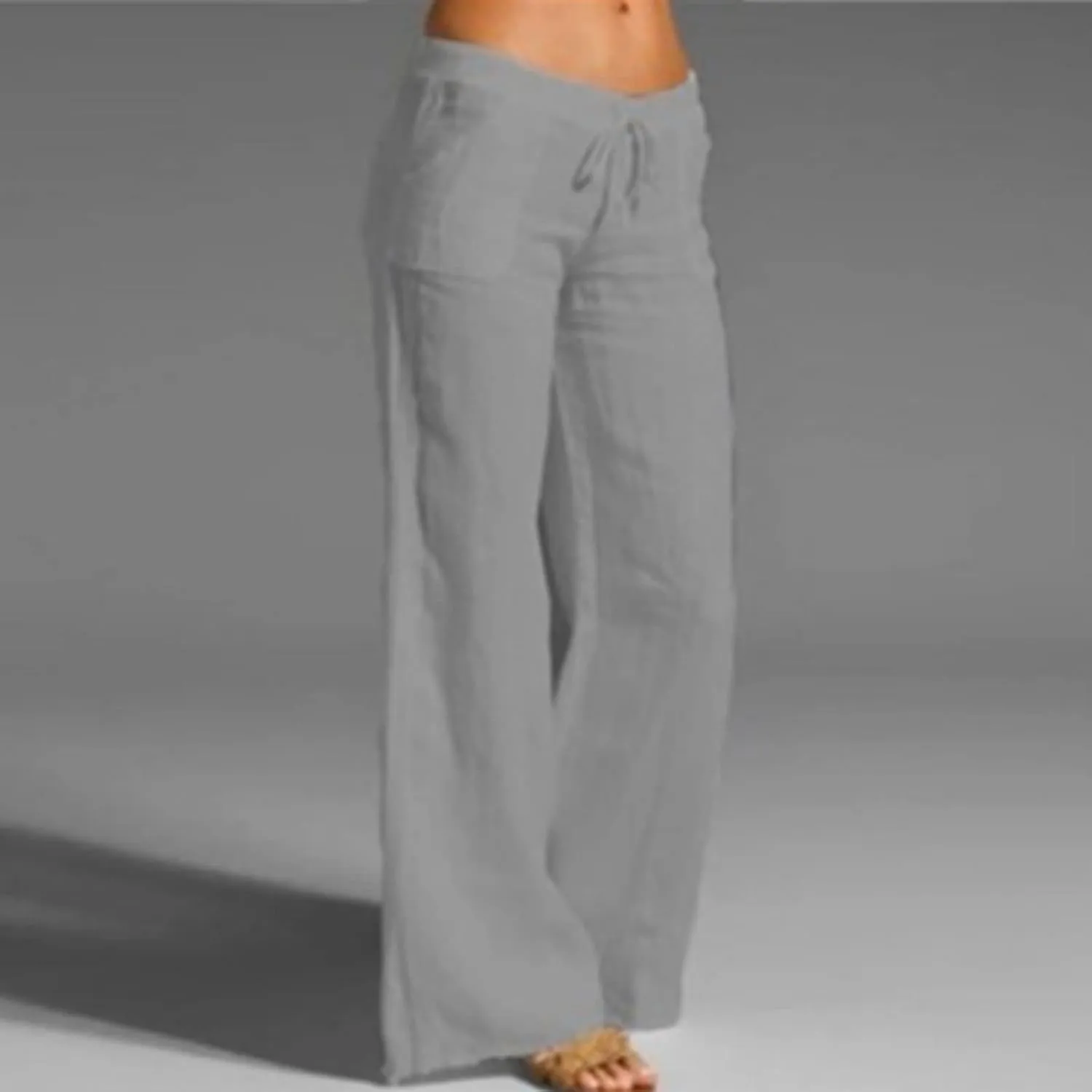 Mmoneyake Womens Cotton Linen Drawstring Pants Casual High Waist Lounge Pants Trousers with Pockets Loose Fit Palazzo Pants