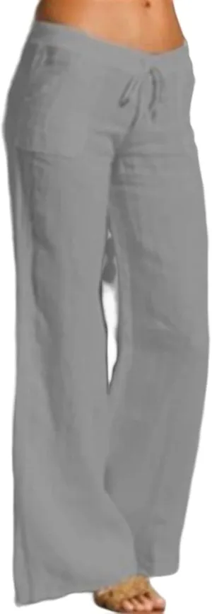 Mmoneyake Womens Cotton Linen Drawstring Pants Casual High Waist Lounge Pants Trousers with Pockets Loose Fit Palazzo Pants