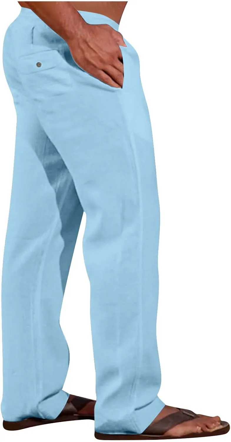 Muscularfit Mens Linen Pants Casual Elastic Waist Solid Straight Legs Big and Tall Drawstring Trousers Loose Fit Work Pant