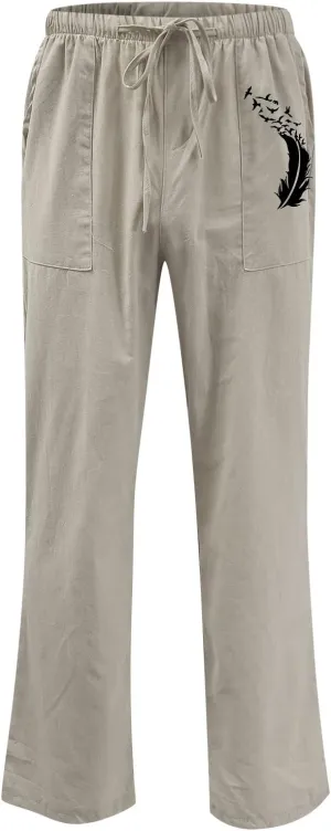 Muscularfit Mens Linen Pants Casual Loose Funny Print Drawstring Elastic Waist Cotton Pant Lounge Solid Straight Legs Trouser