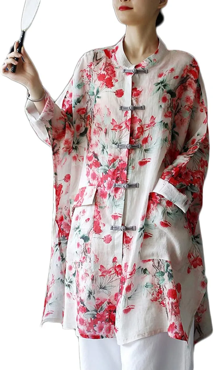 NFYM Women's Long Jacket Thin Kimono Vintage Chinese Frog Button Cape Trench Pockets Linen Blouse Loose Long Shirt Dresses