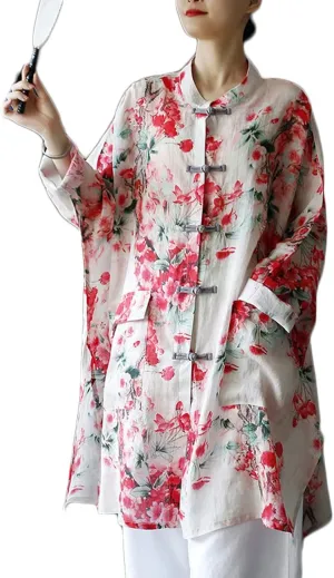 NFYM Women's Long Jacket Thin Kimono Vintage Chinese Frog Button Cape Trench Pockets Linen Blouse Loose Long Shirt Dresses