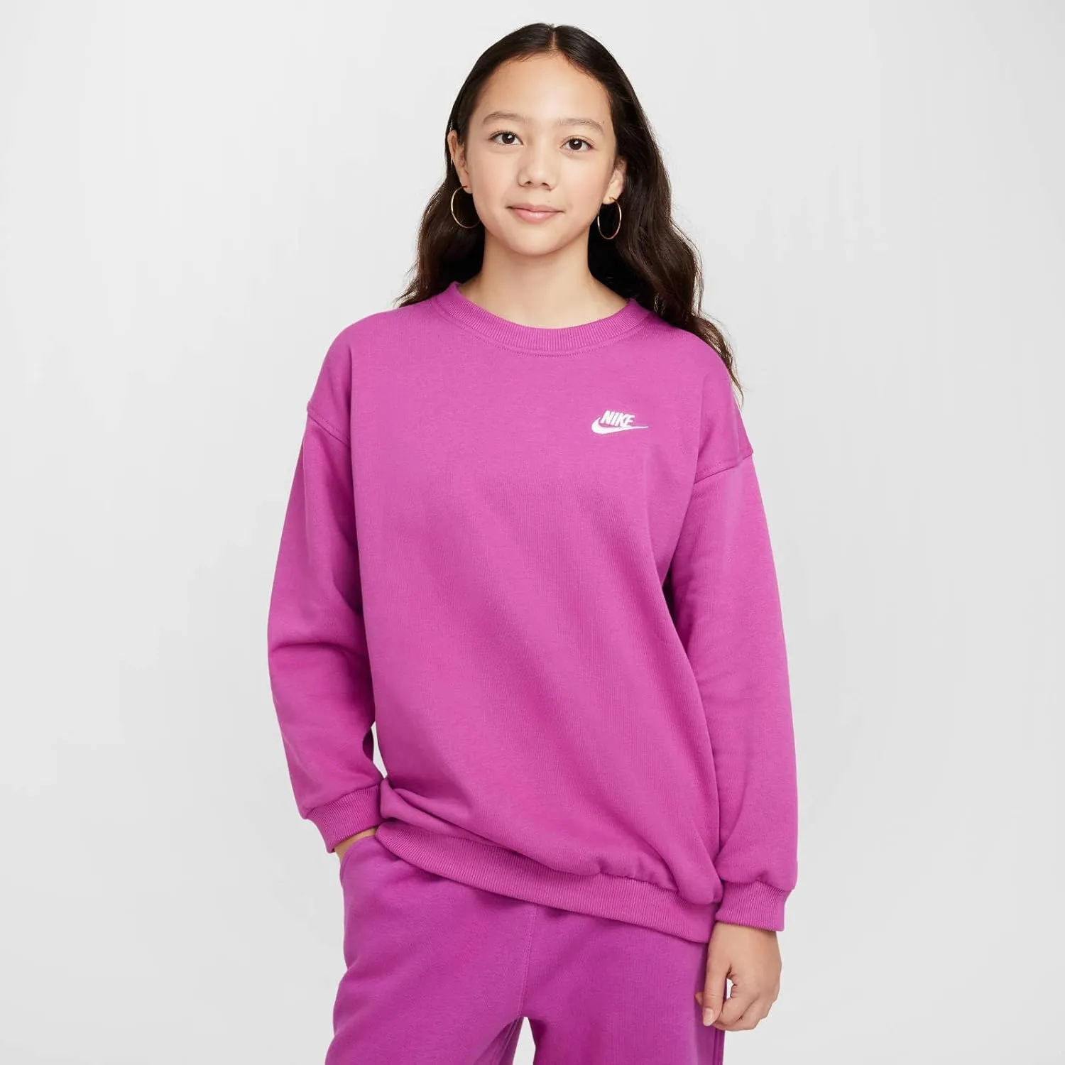 Nike Sportswear Club Fleece Big Kids' (Girls') Oversized Sweatshirt (FD2923-518, Hot Fuchsia/White)