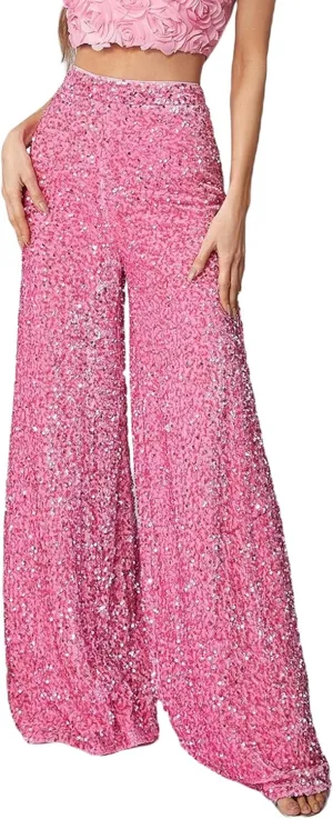NUFIWI Sequin Bell Bottom Pants for Women High Waist Glitter Wide Leg Pants Sparkle Flared Trousers Disco Clubwear