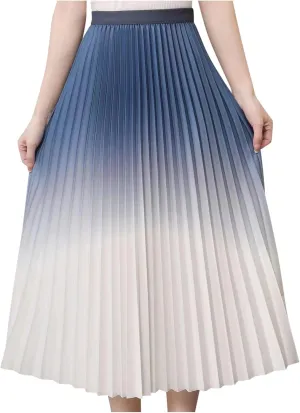 Ombre Pleated Midi Skirt for Women Gradient High Waist Flowing A Line Skirts Fashion Spring Summer Dress
