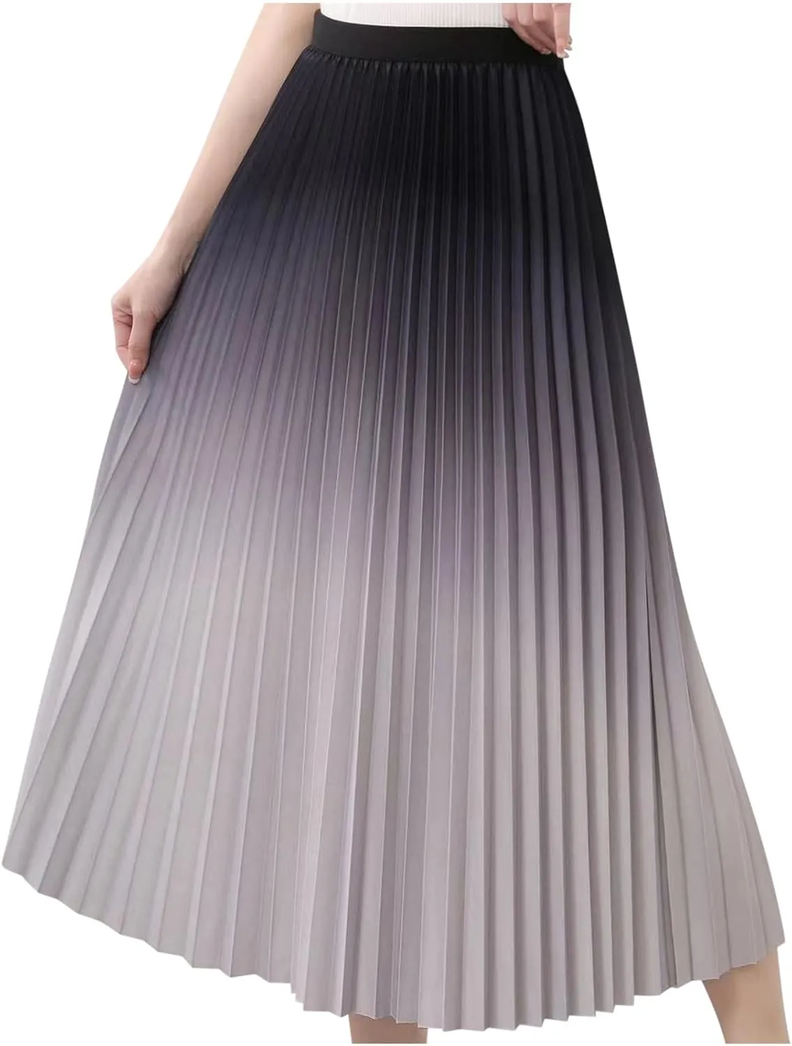 Ombre Pleated Midi Skirt for Women Gradient High Waist Flowing A Line Skirts Fashion Spring Summer Dress