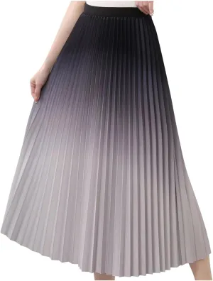 Ombre Pleated Midi Skirt for Women Gradient High Waist Flowing A Line Skirts Fashion Spring Summer Dress