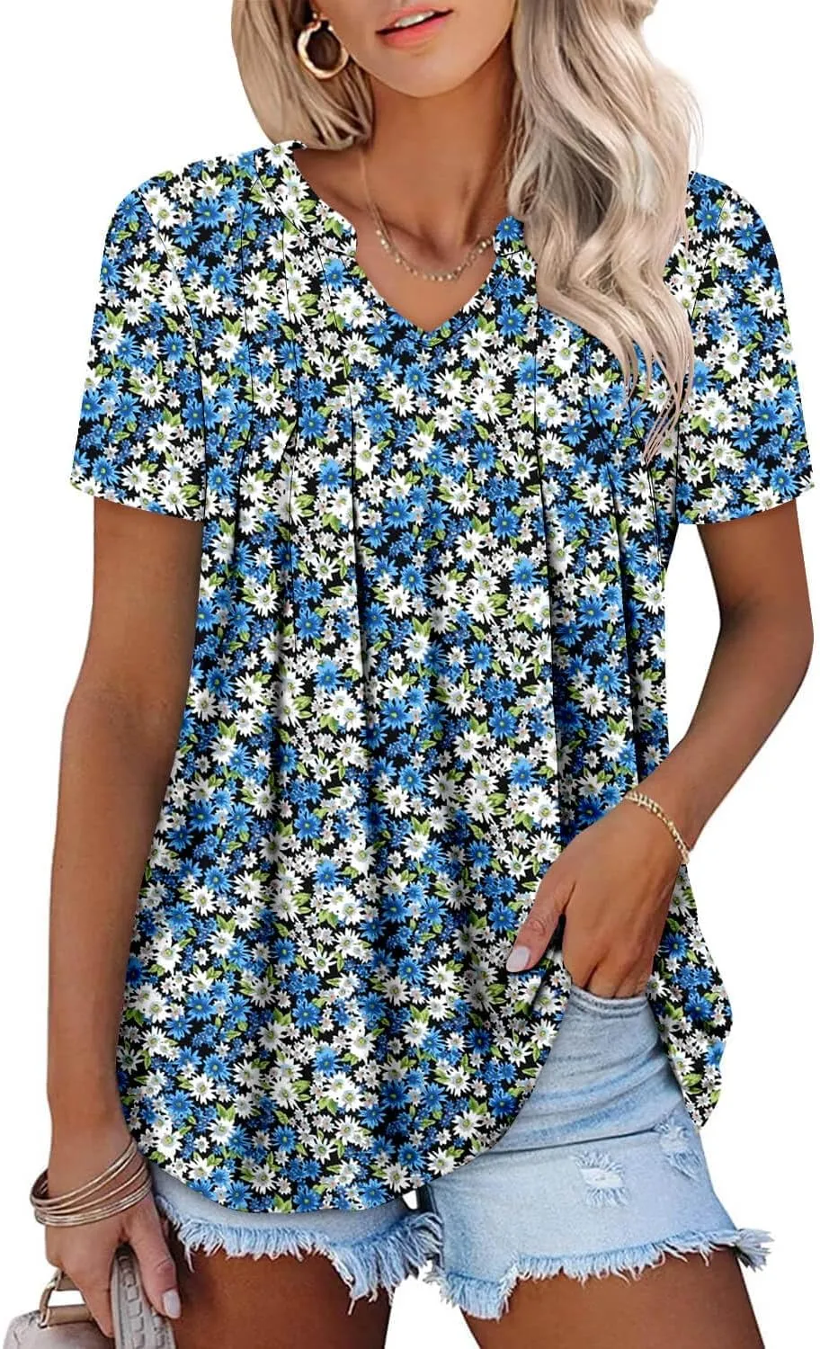 ONLYSHE Womens Short Sleeve Shirts Summer Floral Tunic Tops V Neck Blouse Loose Fit Shirts for Leggings