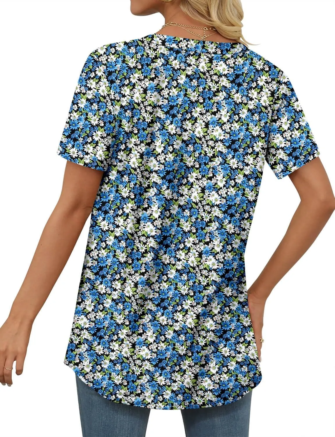 ONLYSHE Womens Short Sleeve Shirts Summer Floral Tunic Tops V Neck Blouse Loose Fit Shirts for Leggings