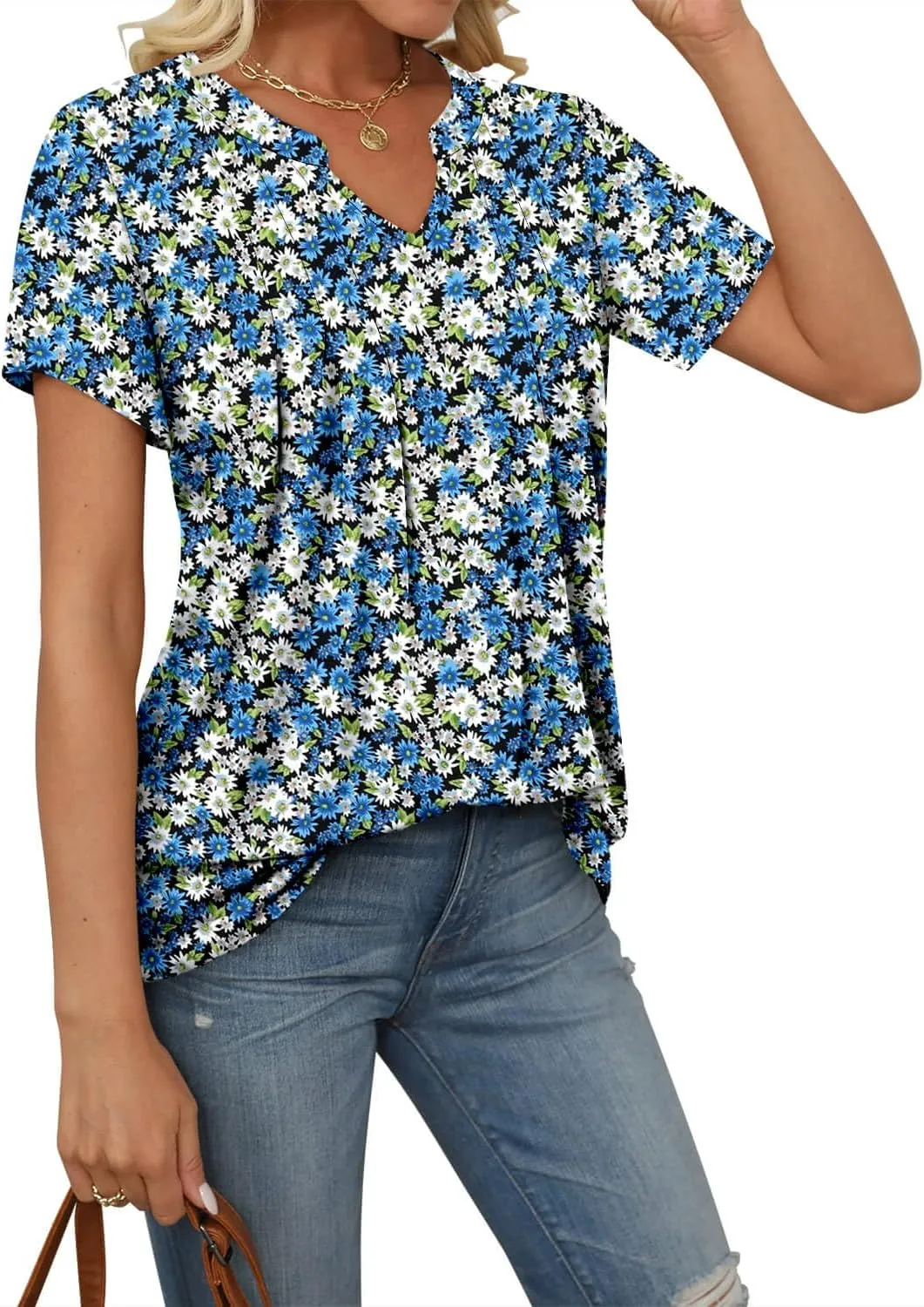 ONLYSHE Womens Short Sleeve Shirts Summer Floral Tunic Tops V Neck Blouse Loose Fit Shirts for Leggings