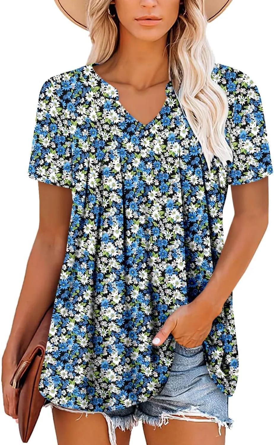 ONLYSHE Womens Short Sleeve Shirts Summer Floral Tunic Tops V Neck Blouse Loose Fit Shirts for Leggings