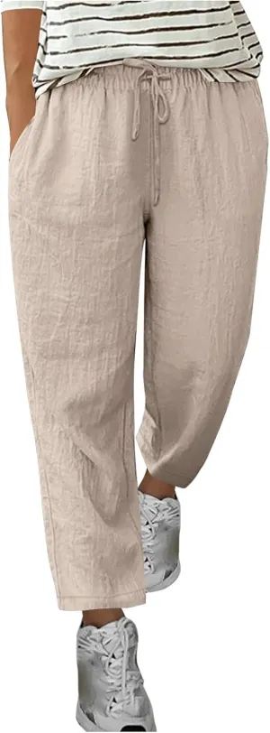 Oplxuo Cotton Linen Pants for Women Summer Elastic Waist Drawstring Straight Wide Leg Boho Beach Trousers with Pockets