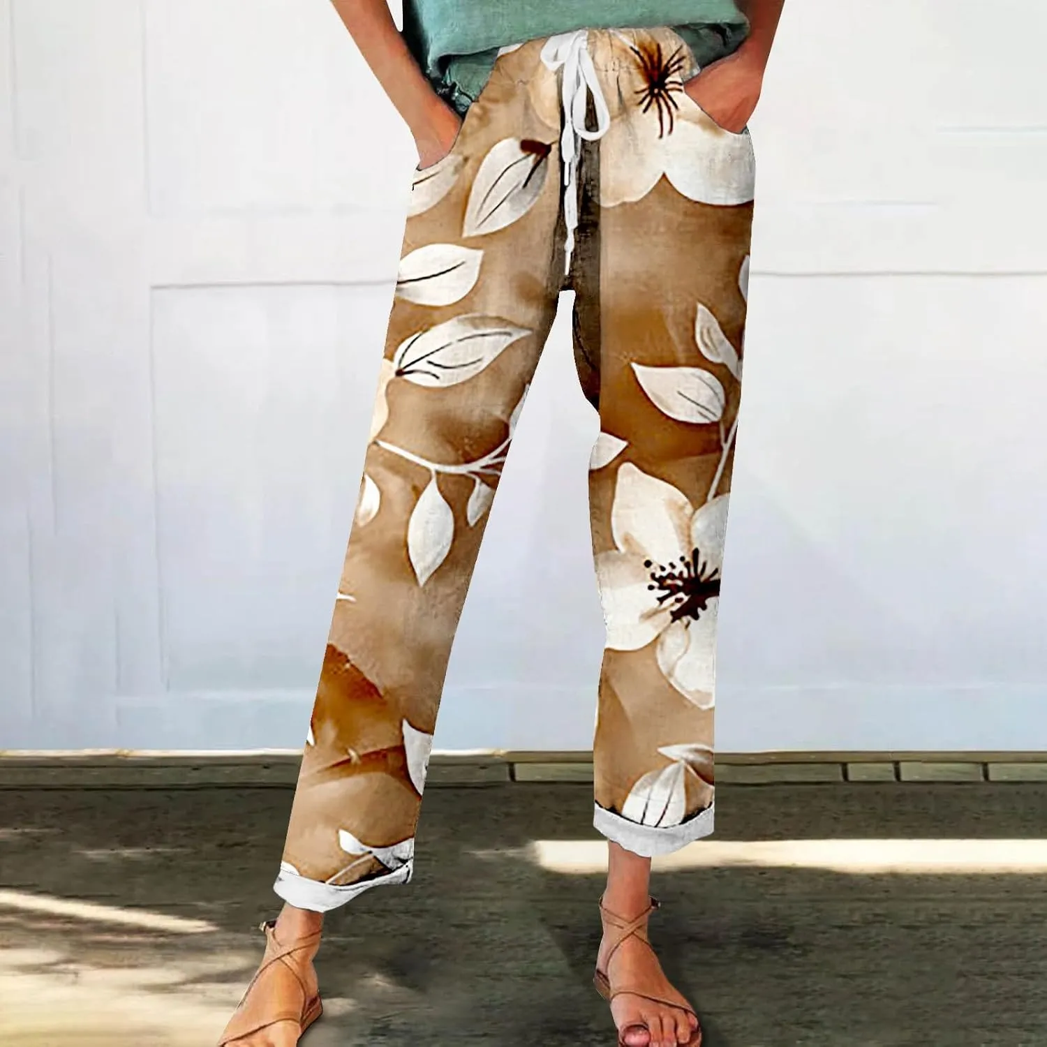Outfits for Women Summer Wide Leg Pants Drawstring Elastic Waist Pants High Waisted Pants Casual Beach Trousers