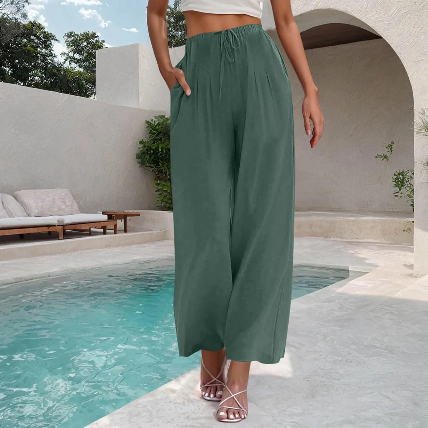 Palazzo Pants for Women Plus Size Wed Leg Palazzo Pants Summer Casual Cotton Linen Lounge Trouser Boho Beach Outfits