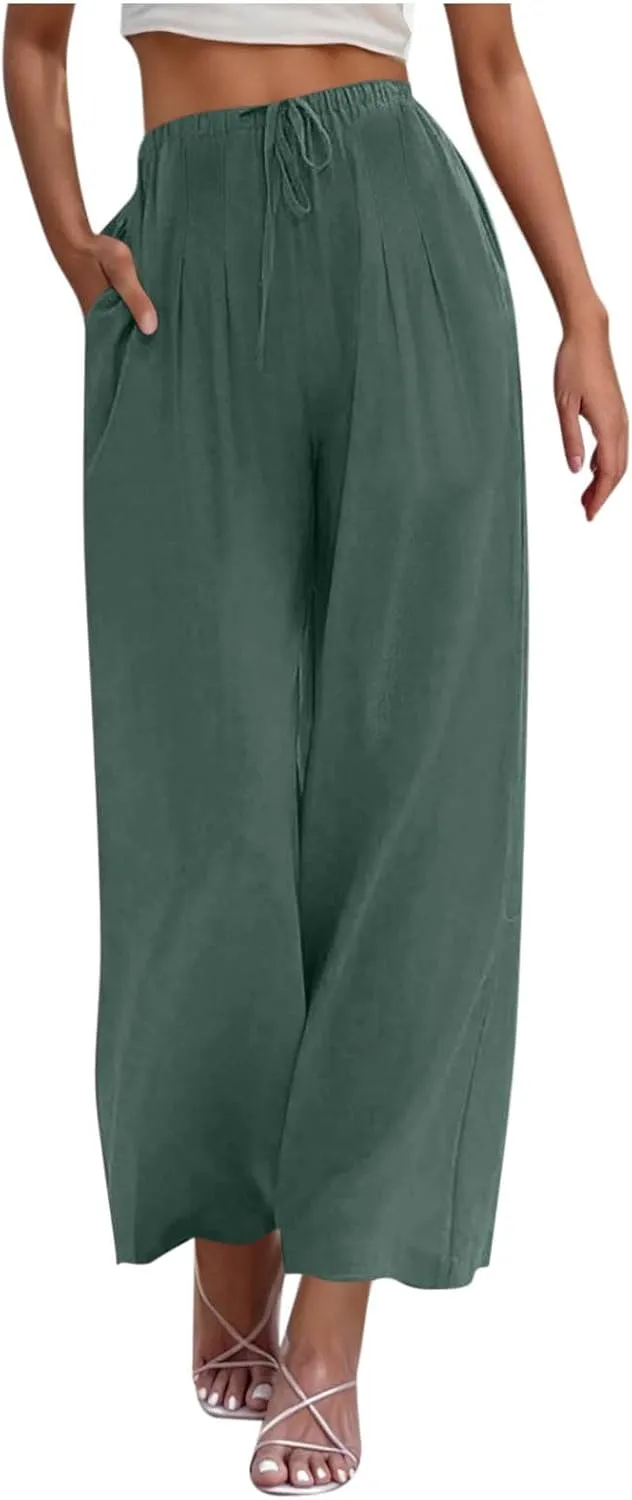 Palazzo Pants for Women Plus Size Wed Leg Palazzo Pants Summer Casual Cotton Linen Lounge Trouser Boho Beach Outfits