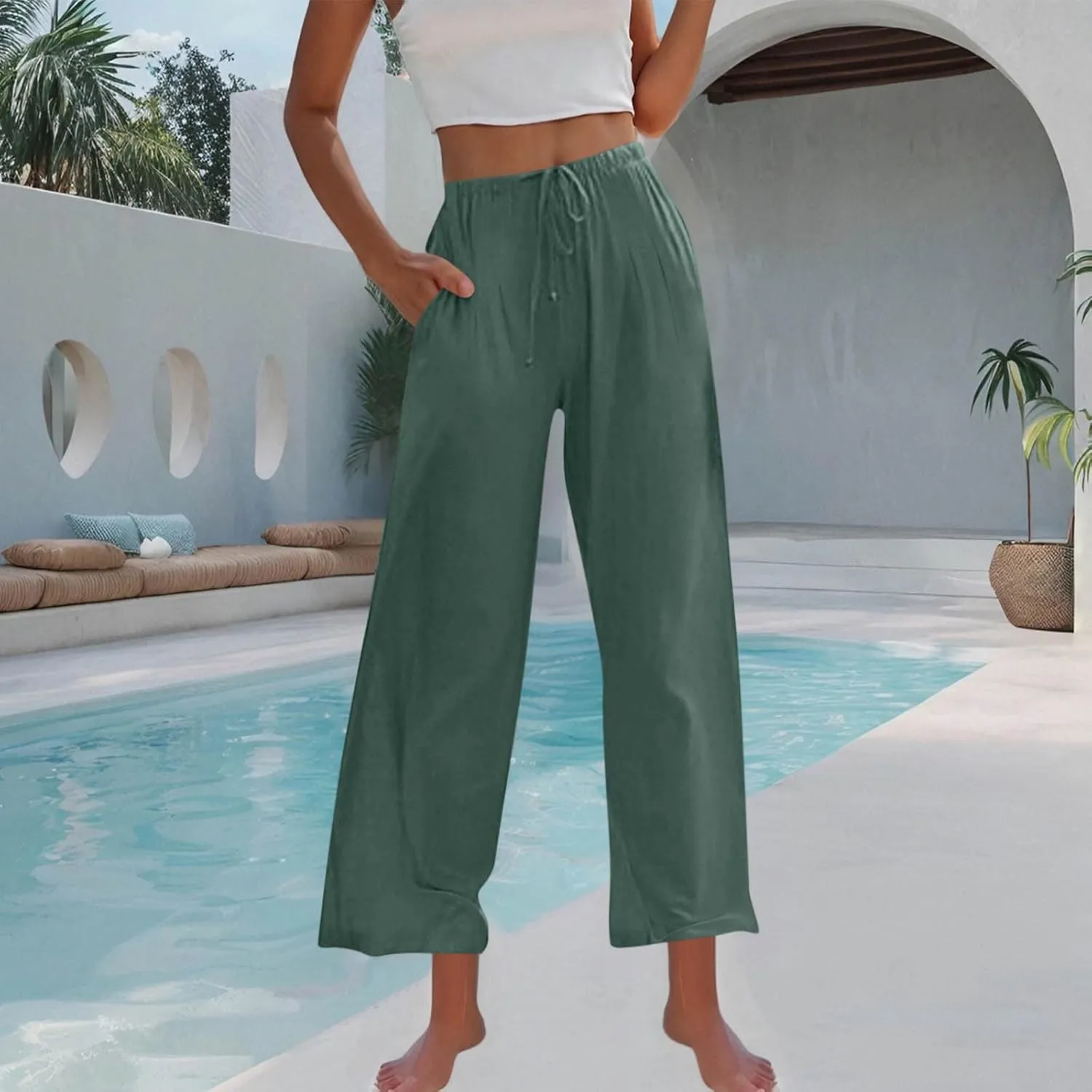 Palazzo Pants for Women Plus Size Wed Leg Palazzo Pants Summer Casual Cotton Linen Lounge Trouser Boho Beach Outfits