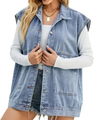 PAODIKUAI Women's Oversized Denim Vest Mid Long Jean Vest Sleeveless Jackets Distressed Vest Cotton
