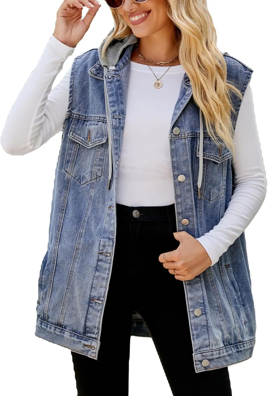 PAODIKUAI Women's Oversized Denim Vest Mid Long Jean Vest Sleeveless Jackets Distressed Vest Cotton