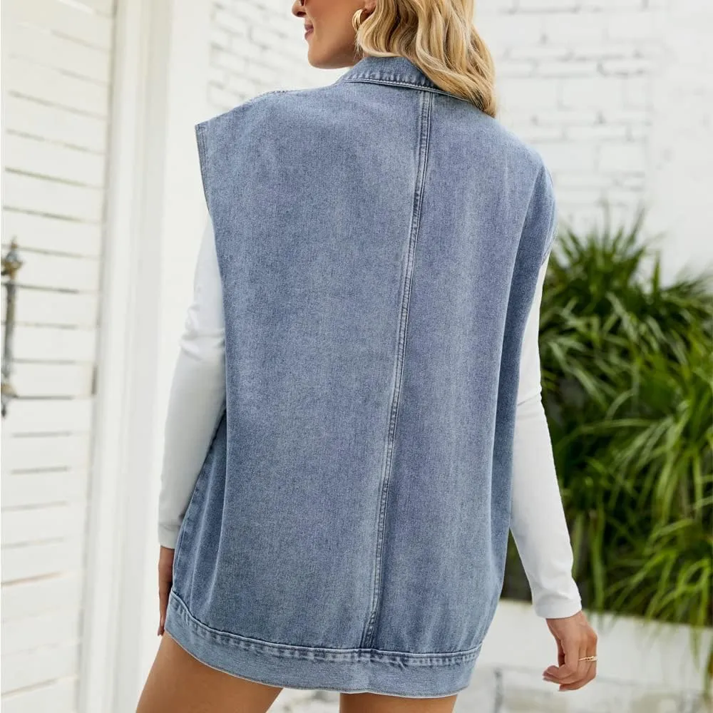 PAODIKUAI Women's Oversized Denim Vest Mid Long Jean Vest Sleeveless Jackets Distressed Vest Cotton