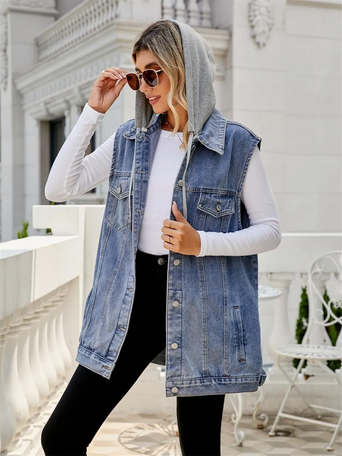 PAODIKUAI Women's Oversized Denim Vest Mid Long Jean Vest Sleeveless Jackets Distressed Vest Cotton