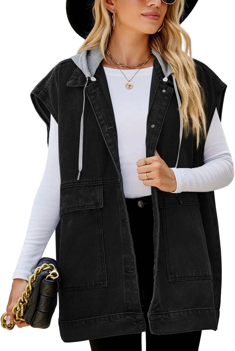 PAODIKUAI Women's Oversized Denim Vest Mid Long Jean Vest Sleeveless Jackets Distressed Vest Cotton
