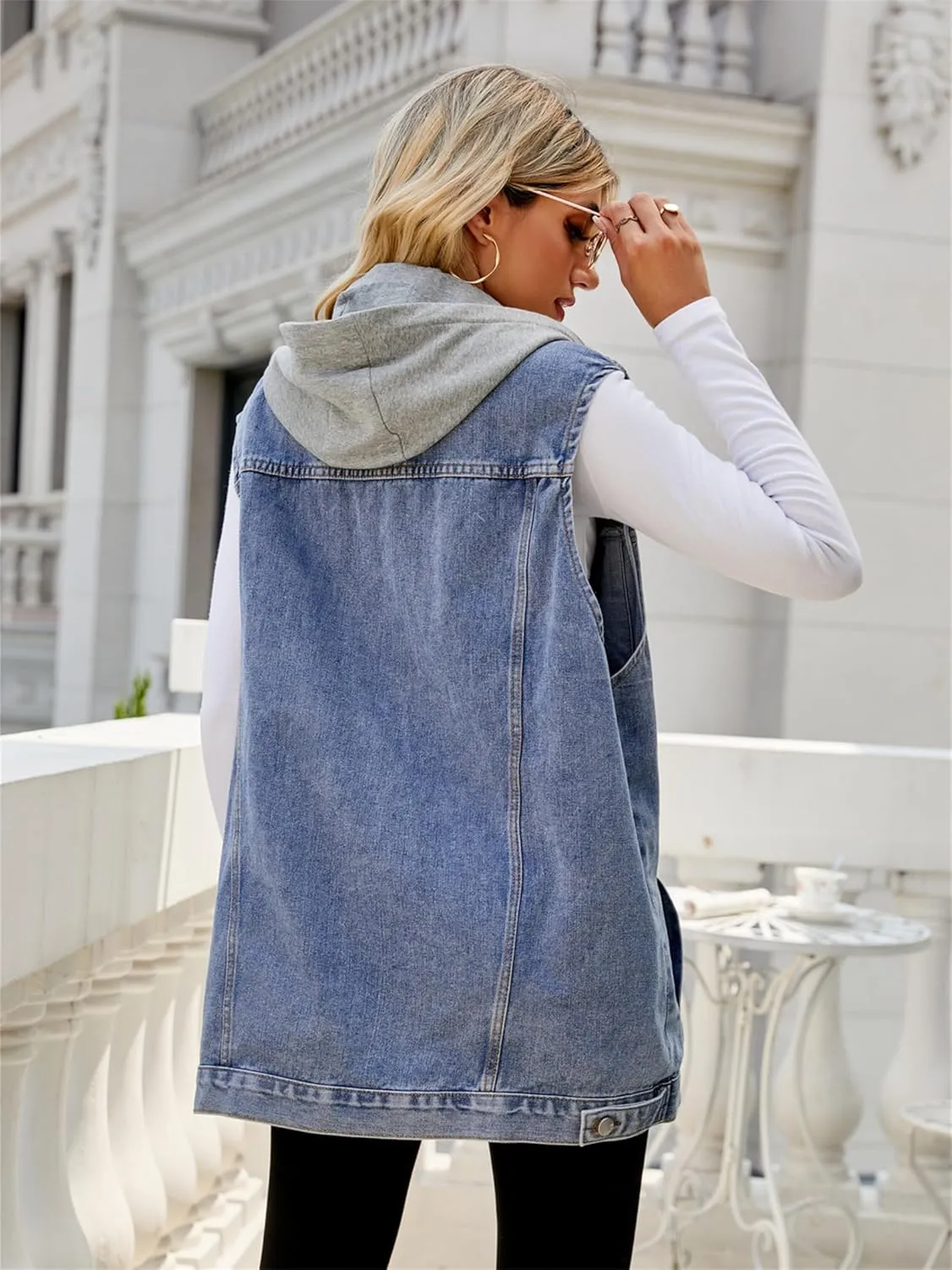 PAODIKUAI Women's Oversized Denim Vest Mid Long Jean Vest Sleeveless Jackets Distressed Vest Cotton
