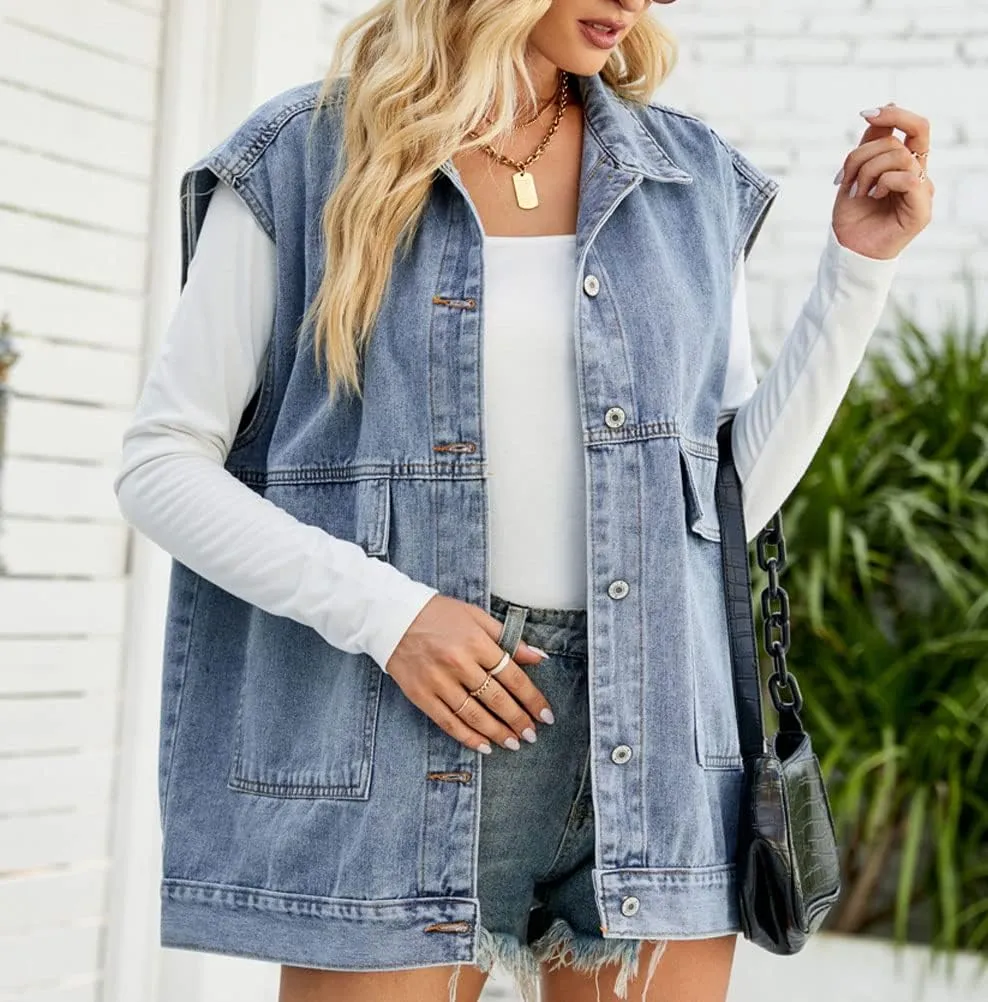 PAODIKUAI Women's Oversized Denim Vest Mid Long Jean Vest Sleeveless Jackets Distressed Vest Cotton