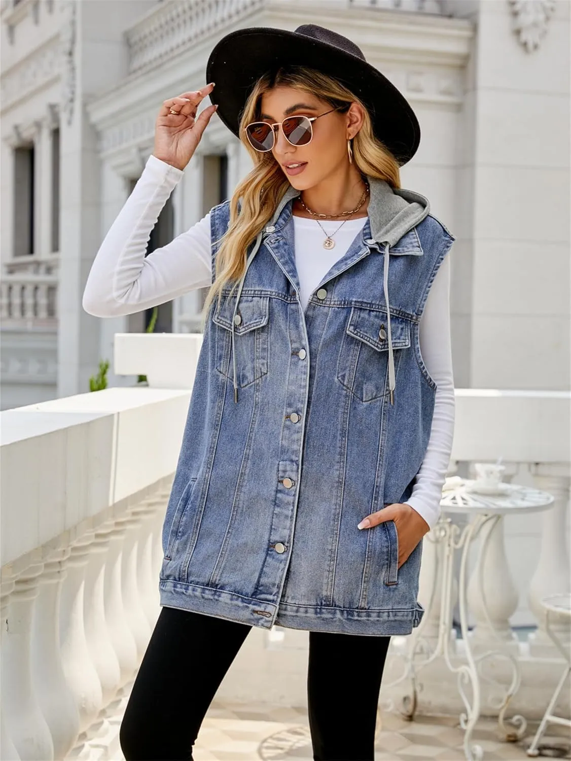 PAODIKUAI Women's Oversized Denim Vest Mid Long Jean Vest Sleeveless Jackets Distressed Vest Cotton