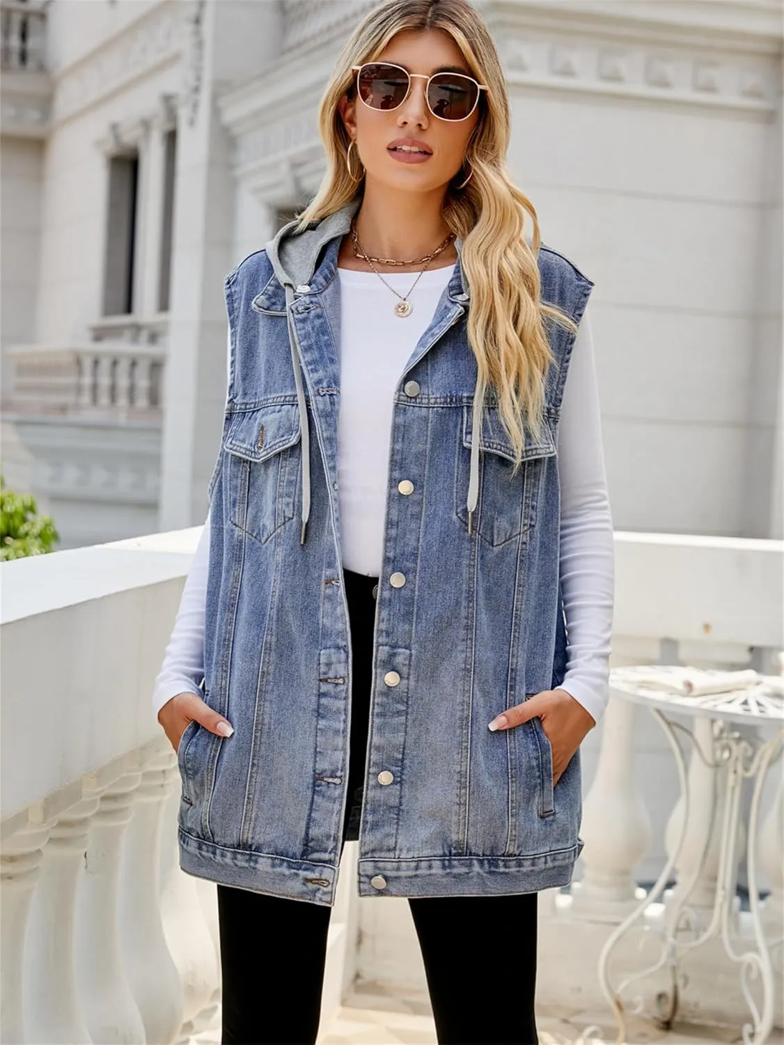 PAODIKUAI Women's Oversized Denim Vest Mid Long Jean Vest Sleeveless Jackets Distressed Vest Cotton