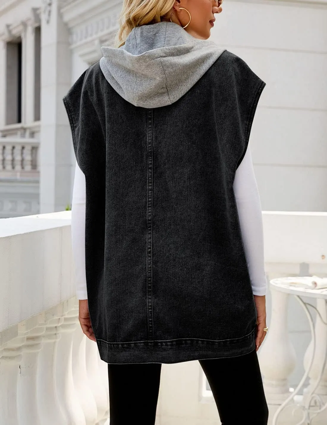 PAODIKUAI Women's Oversized Denim Vest Mid Long Jean Vest Sleeveless Jackets Distressed Vest Cotton