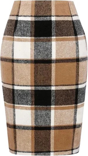 Pencil Plaid Skirts for Women Girls Fall Winter Wool Bodycon Midi Skirt Knee Length High Wasited Tartan Skirts Casual Dressy