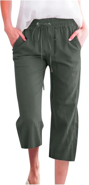 Petite Pants For Women Summer Cropped Linen Trouser Elastic Waist Drawstring 3/4 Length Pant Lightweight Loose Pant