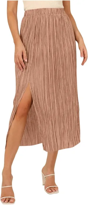 Pleated Midi Skirt for Women Elastic High Waisted Side Slit Thigh Skirts Casual Summer Solid Fashion A line Skirt
