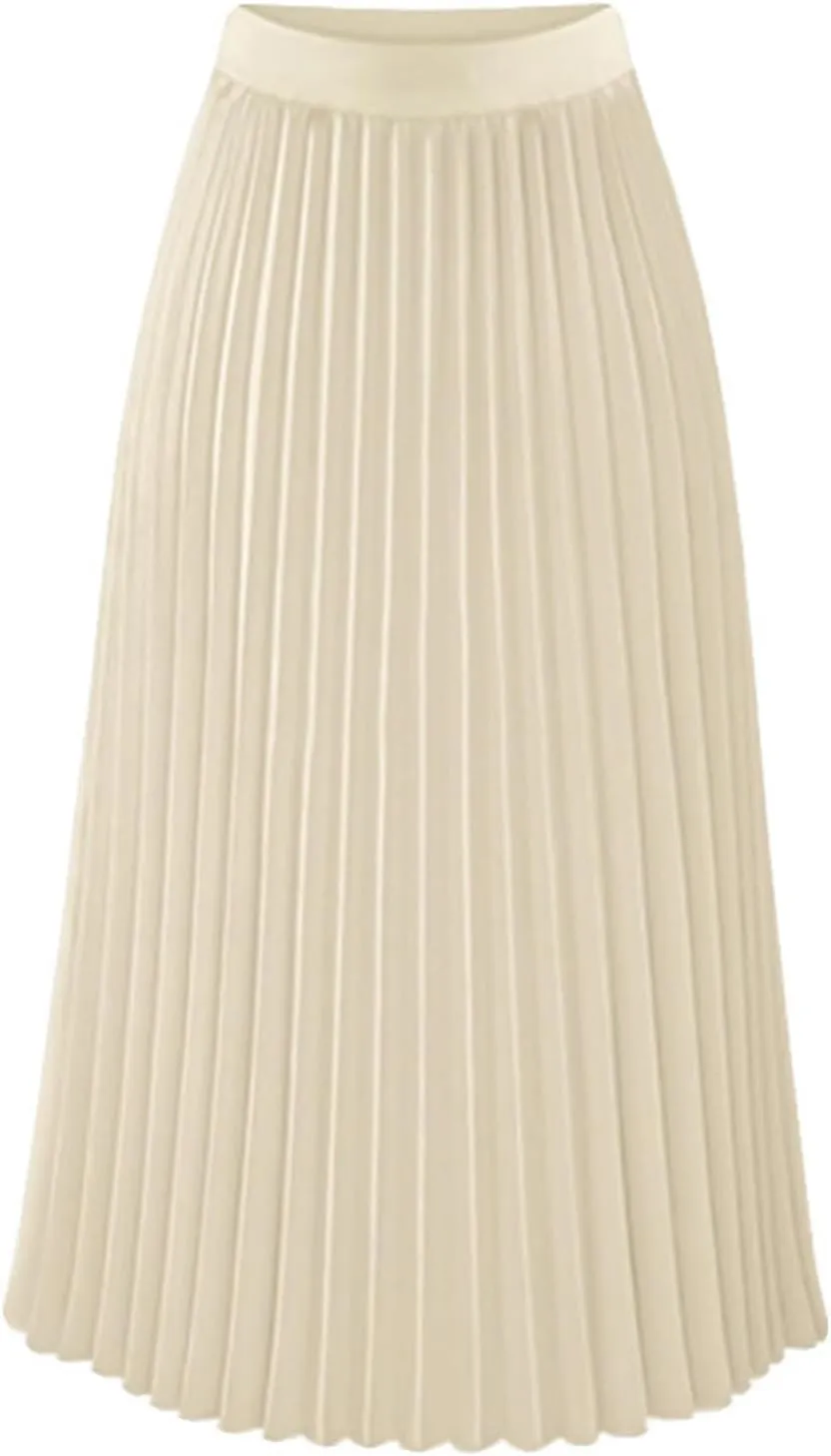 Pleated Midi Skirts for Women, High Waisted Chiffon Flare Casual Skirt Summer Long Skirts Flowy Shirring Skirts