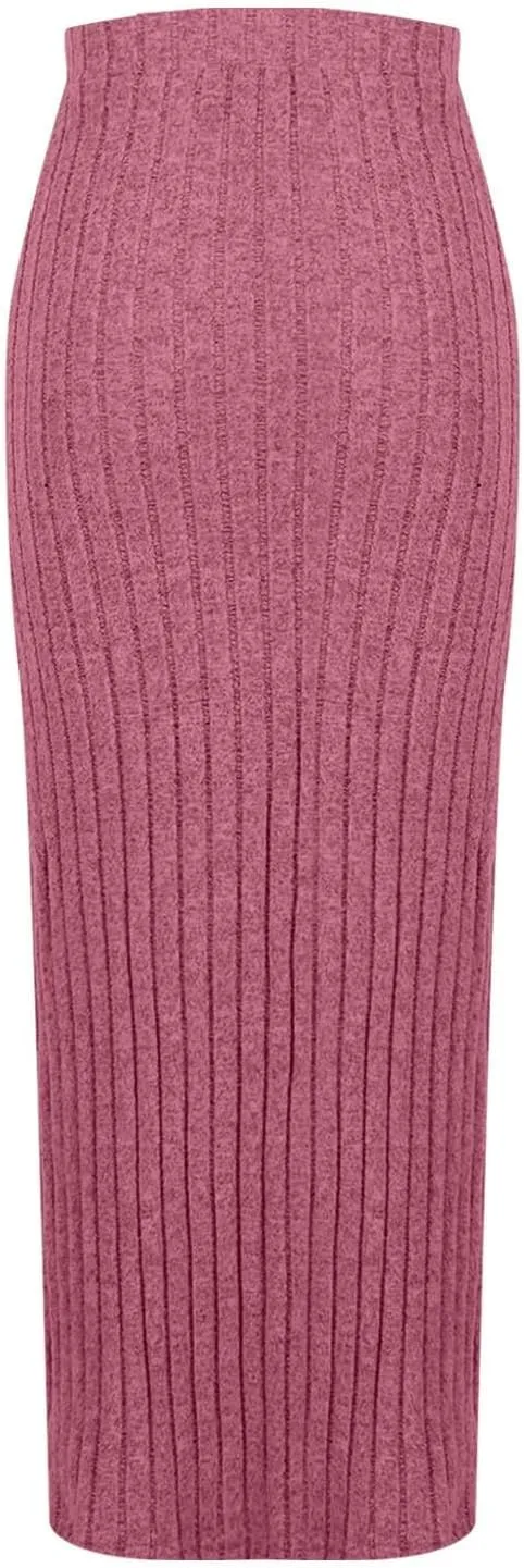 Plus Size Knitted Ribbed Skirt for Women High Waisted Stretch Bodycon Skirt Side Split Slim Fit Maxi Skirt Spring
