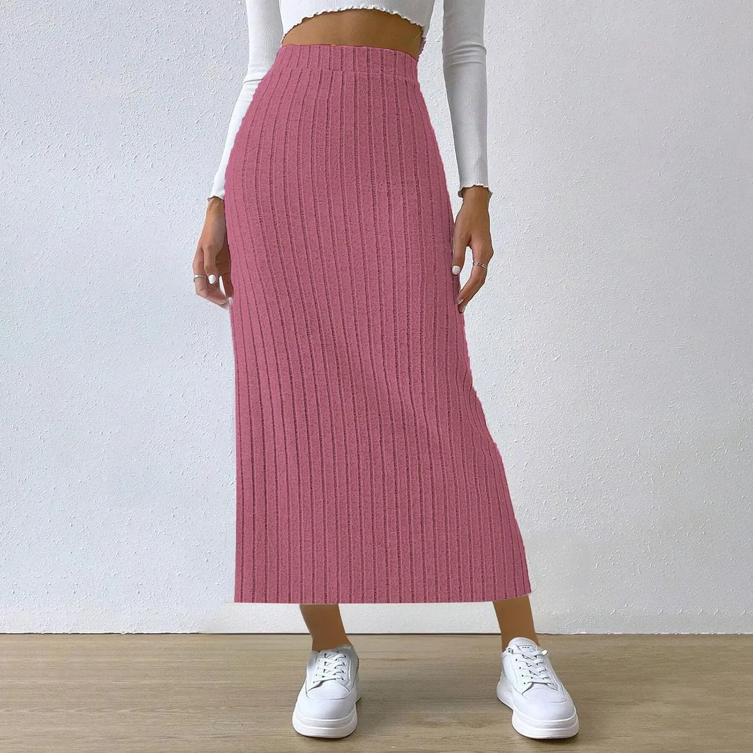 Plus Size Knitted Ribbed Skirt for Women High Waisted Stretch Bodycon Skirt Side Split Slim Fit Maxi Skirt Spring