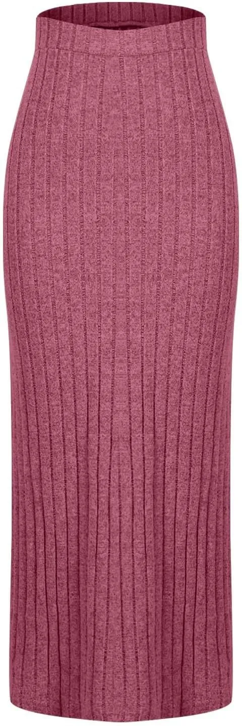 Plus Size Knitted Ribbed Skirt for Women High Waisted Stretch Bodycon Skirt Side Split Slim Fit Maxi Skirt Spring