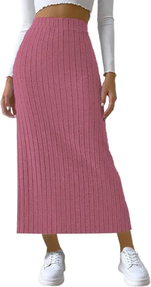 Plus Size Knitted Ribbed Skirt for Women High Waisted Stretch Bodycon Skirt Side Split Slim Fit Maxi Skirt Spring