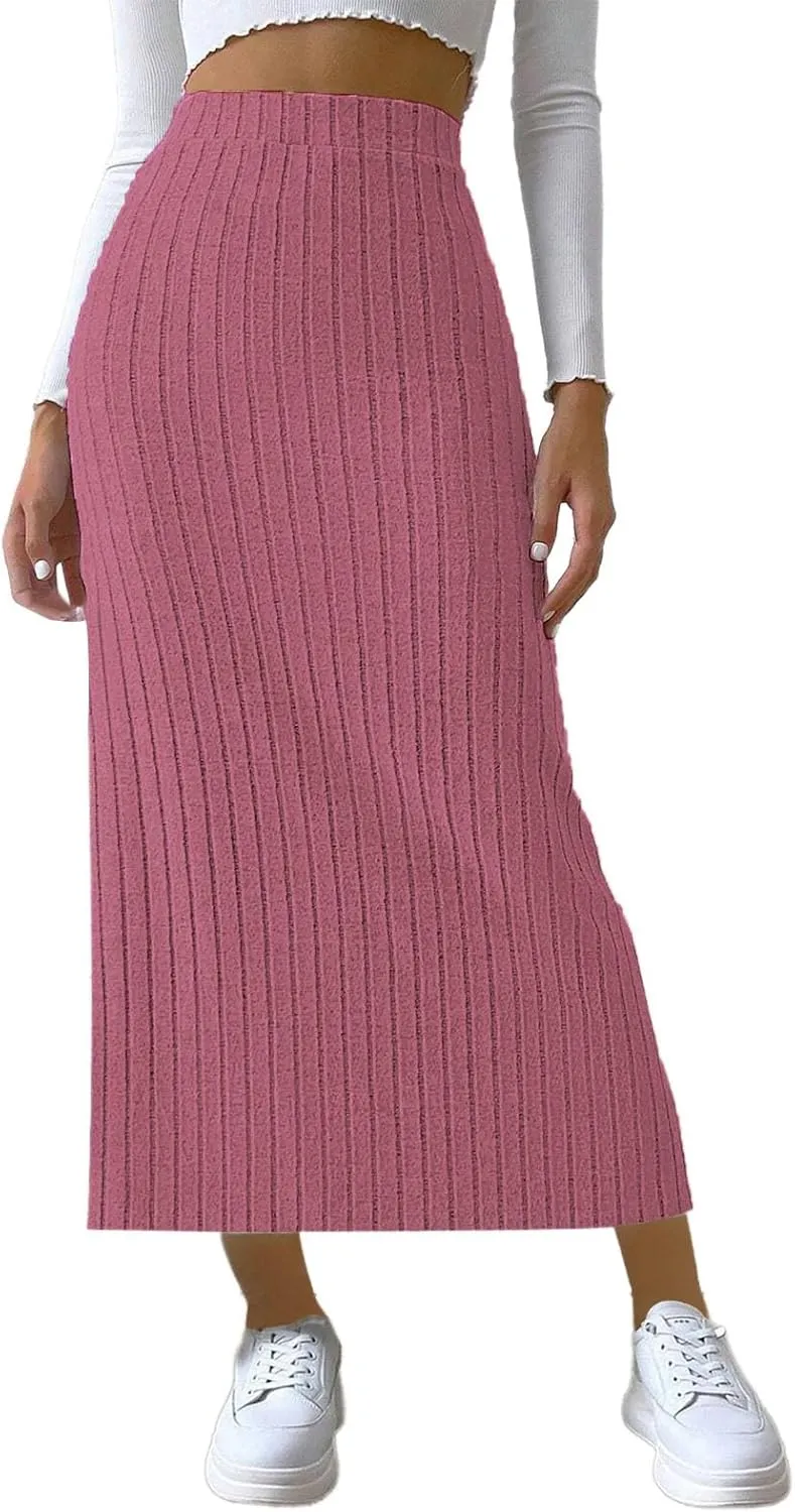 Plus Size Knitted Ribbed Skirt for Women High Waisted Stretch Bodycon Skirt Side Split Slim Fit Maxi Skirt Spring